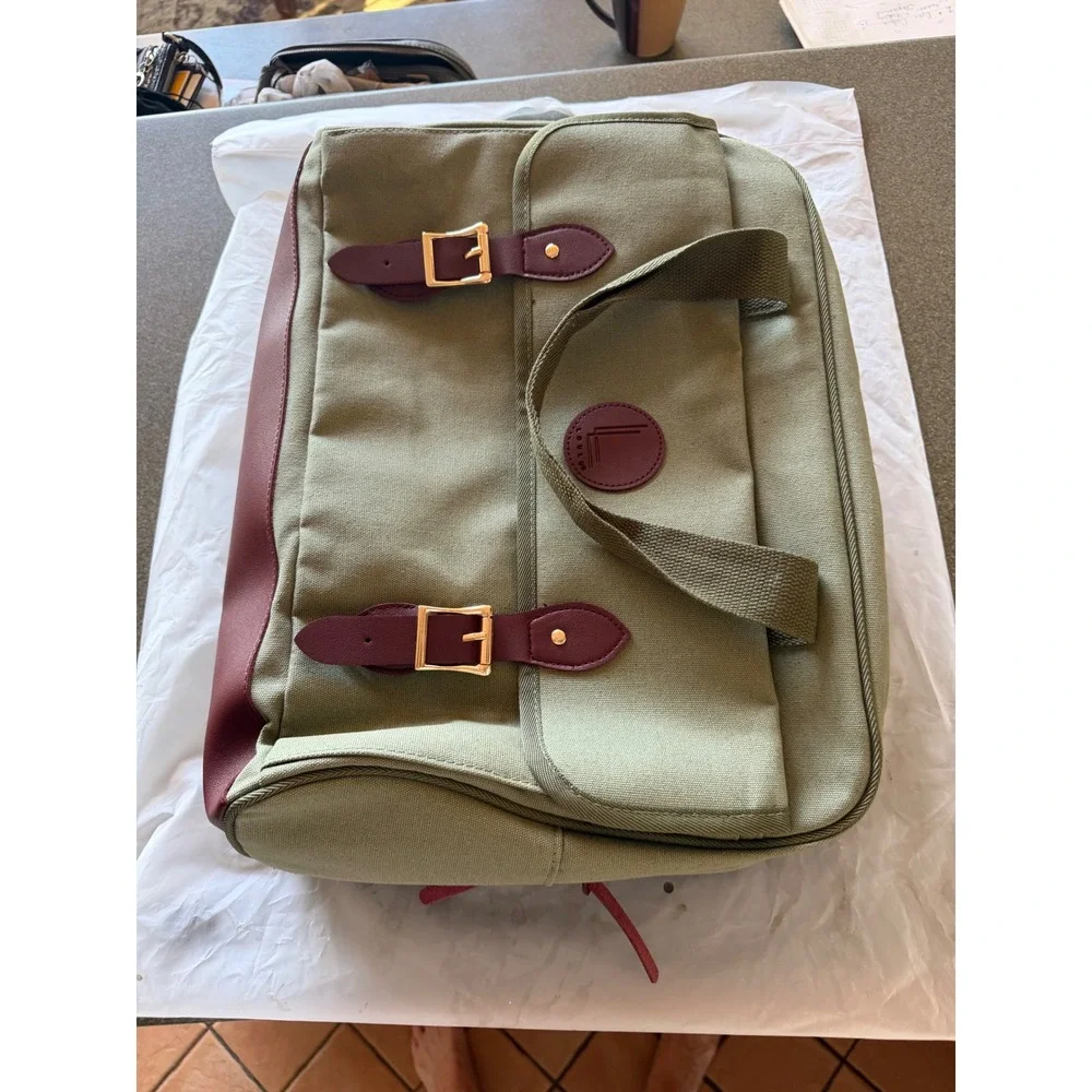 Lulu Canvas Messenger Laptop Bag Olive Green Burgundy Gold Buckle Briefcase